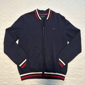 Tommy Hilfiger Navy Zip-Up Sweater with Red and White Trim
